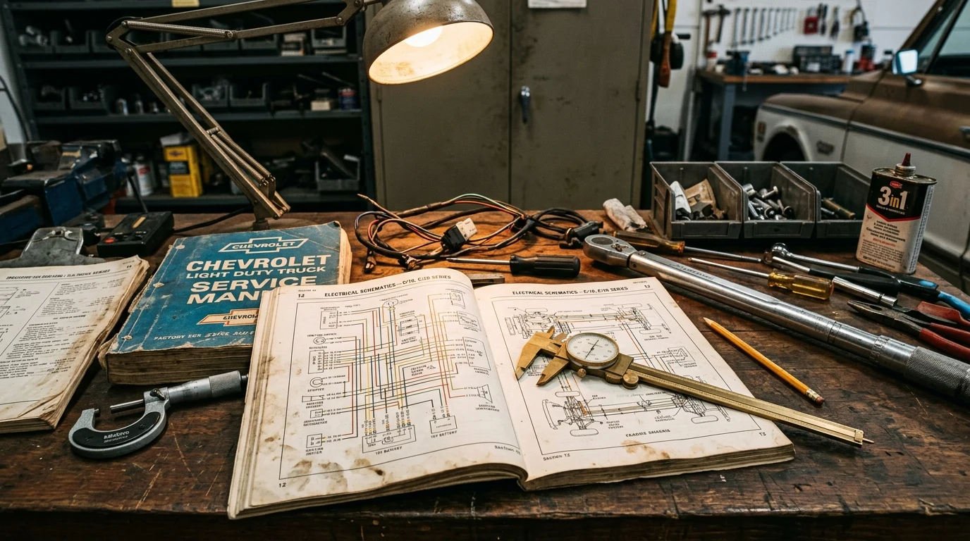 Automotive engineering laboratory with GM Squarebody factory service manuals, micrometers, and blueprint schematics