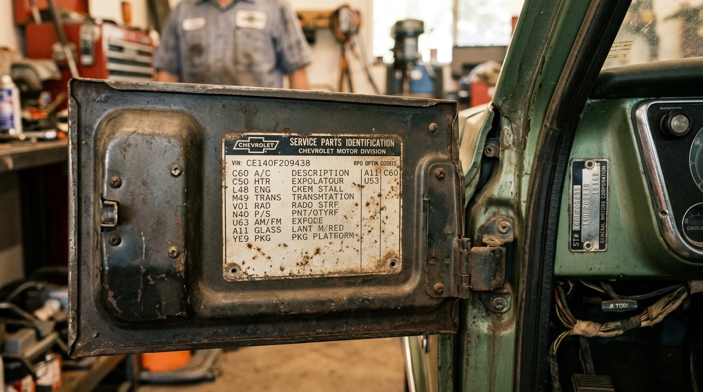 Vintage Chevrolet truck glove box interior showing original SPID RPO option decal and door pillar VIN plate